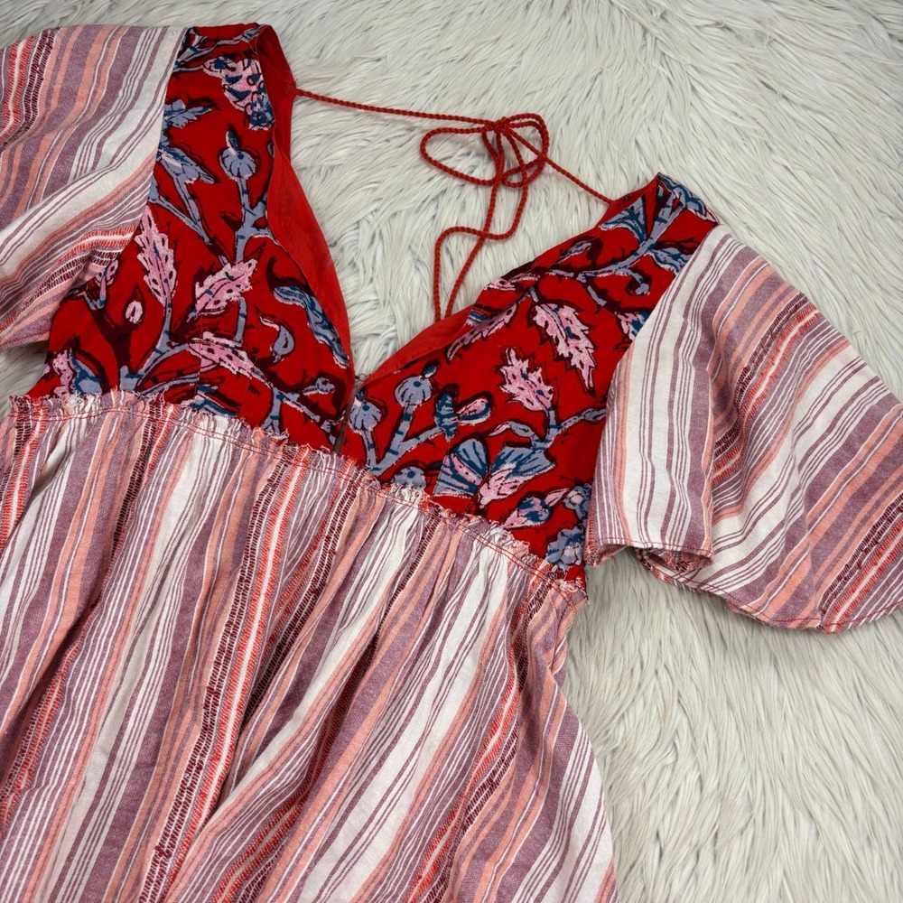 Free People Women's XS Red Under The Sun Tunic Empire Waist Deep V-Neckline Boho - Picture 2 of 11